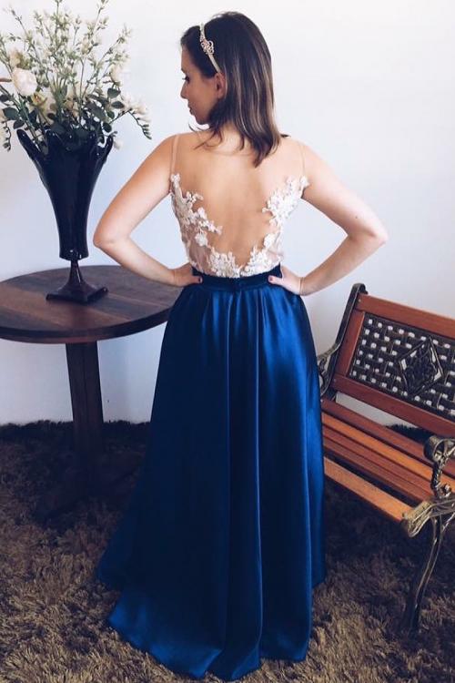 Illusion Neck Lace Embroidery Long A-line Satin Prom Dress
