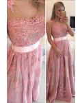 V-neck Lace Pearl Decoration Floor-length Long Tulle Prom Dress with Buttons Back