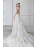  A-line V-neck & Mesh Neckline Sleeveless Court Train Long Wedding Dresses with Removable Beading Sash (Picture shown - Ivory Dress with a layer of champagne tulle inside)