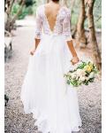 Rustic 3/4 Sleeved Lace top A-line Chiffon Wedding Dress with V Neck 