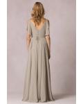 Casual V Neck Pleated A-line Long Chiffon Bridesmaid Dress with Sash 