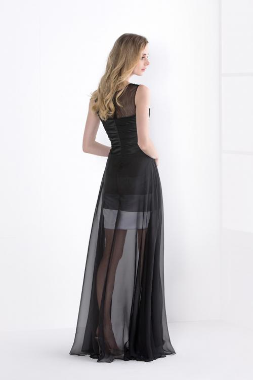 Black Illusion Neck Sleeveless A-line Long Chiffon Junior Prom Dress Simple