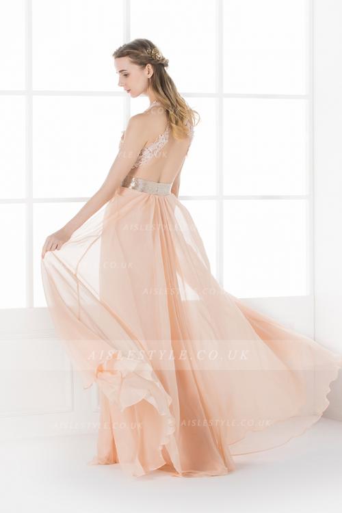 Sexy Lace Appliques Long A-line Chiffon Backless Prom Dress with Slit