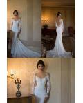 Off the Shoulder V Neck Crystal Detailling Lace Mermaid Wedding Dress with Long Sleeves 