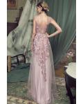  A-line Bateau Neckline Cap Sleeves Appliques Lace Split Floor-length Long Tulle Prom Dress