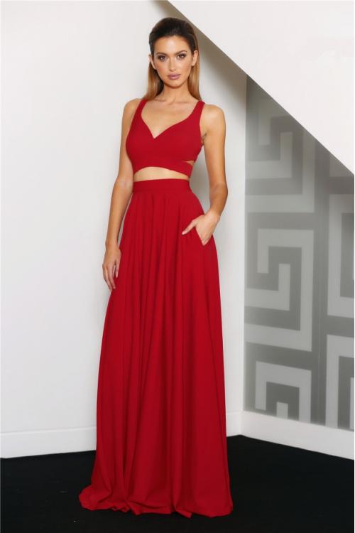 Shoulder Straps Crop Top Red Chiffon Long Evening Dress 