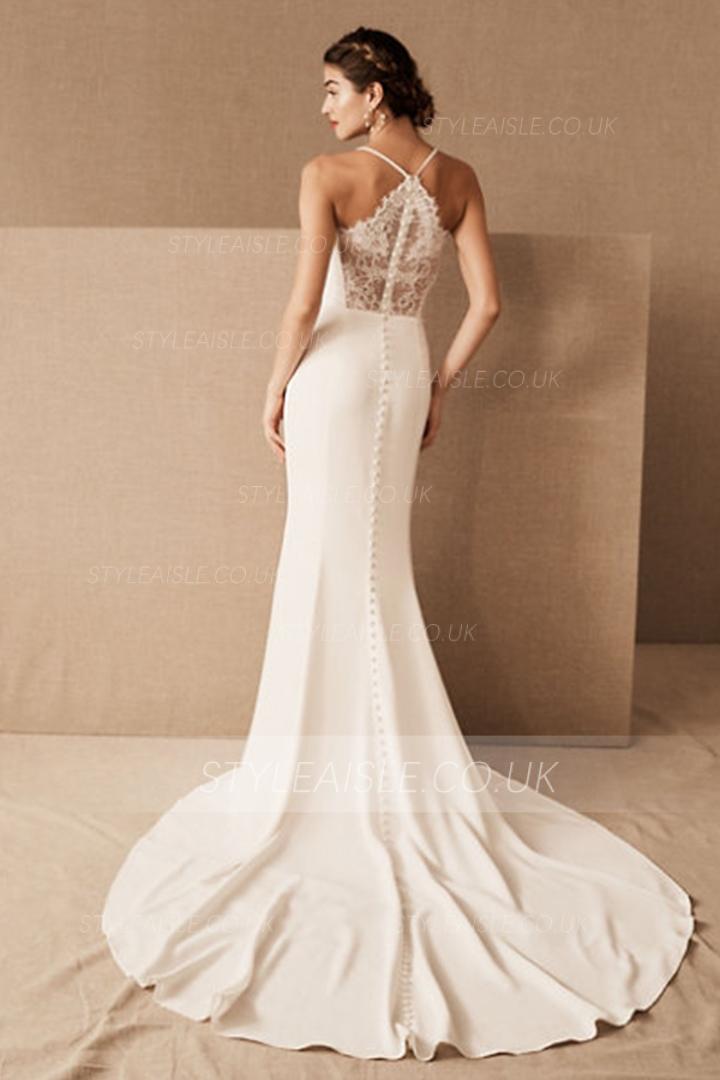  Trumpet/Mermaid Spaghetti Straps Sleeveless Lace Court Train Long Wedding Dresses with Buttons Back