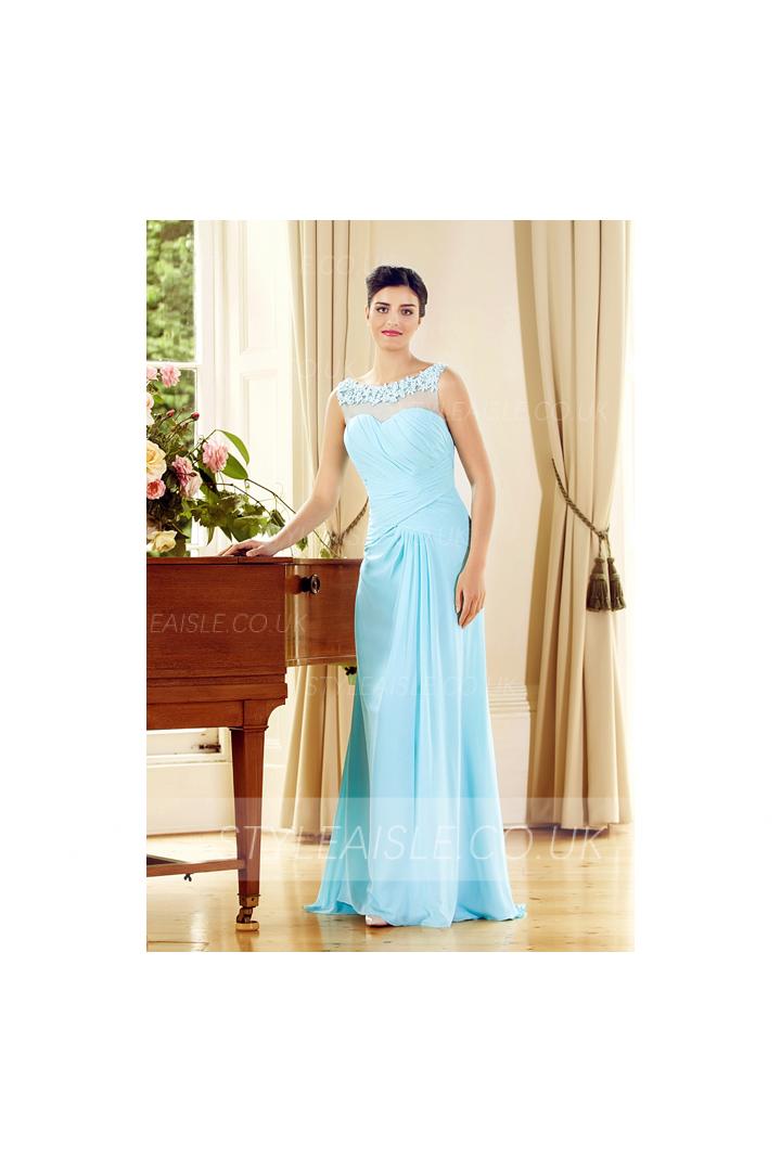 Sleeveless Illusion Neck Lace Appliques A-line Long Blue Chiffon Prom Dress
