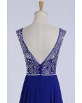 Royal Blue Scoop Neck Sleeveless Beading Floor length Long Chiffon Prom Dress with A V-back