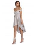 High Low Pleated Off Shoulder Silver Satin Prom Dress 