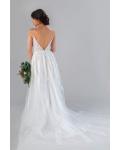 A-line Spaghetti Straps Sleeveless Beading Lace Ruching Court Train Long Tulle Wedding Dresses with Buttons