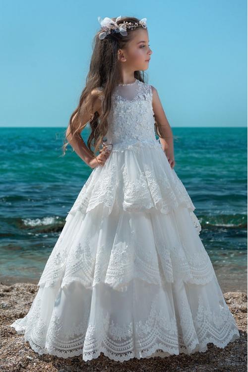 Ball Gown Sleeveless Tiers Long Girls Lace Communion Dress White