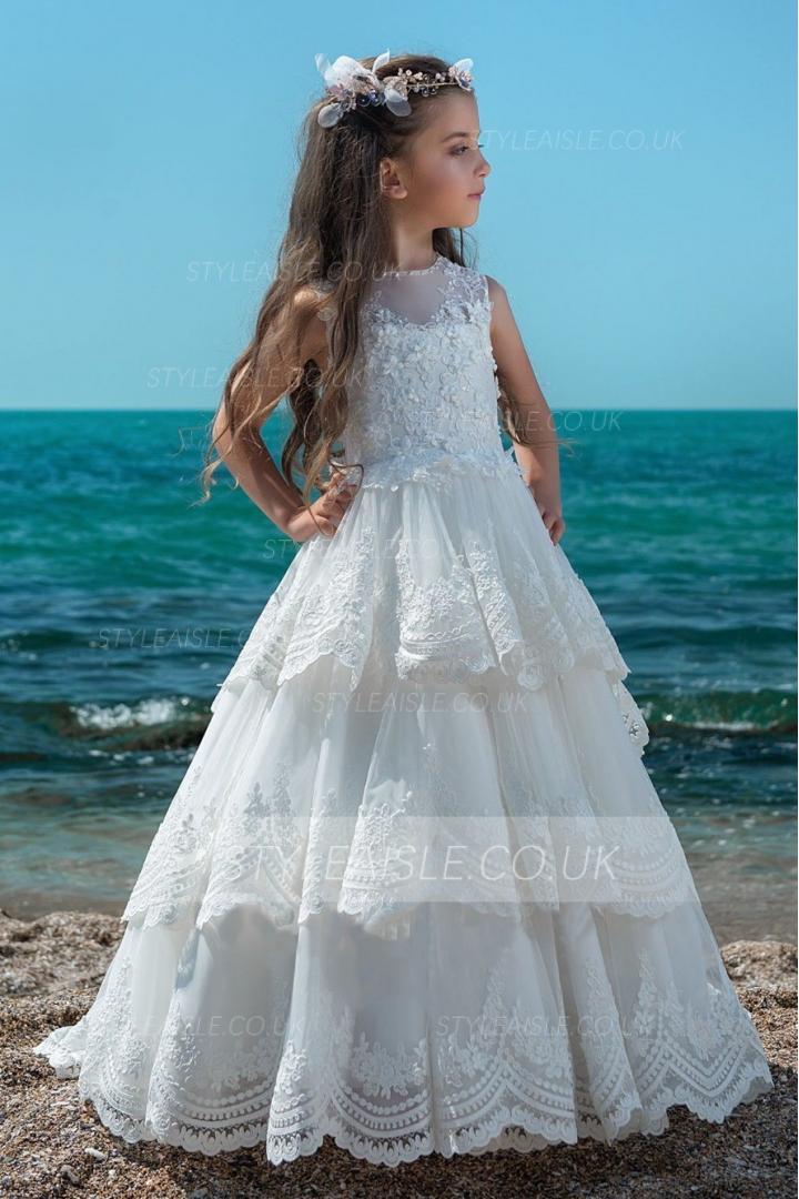 Ball Gown Sleeveless Tiers Long Girls Lace Communion Dress White