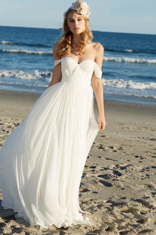 Beautiful off the Shoulder Empire Pleated LOng Chiffon Beach Wedding Dress 