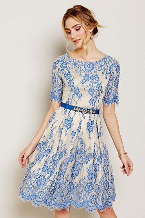 A-line Jewel Neck Short Sleeves Knee-length Lace Mother of the Bride Dress