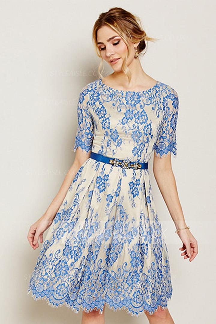 A-line Jewel Neck Short Sleeves Knee-length Lace Mother of the Bride Dress