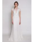 Modern Cap Sleeved Illusion Neck Lace Appliqued A-line Chiffon Wedding Dress 