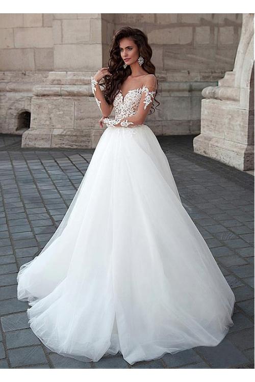 Delicate Illusion Neck Lace Bodice Long Ball Gown Tulle Wedding Dress 