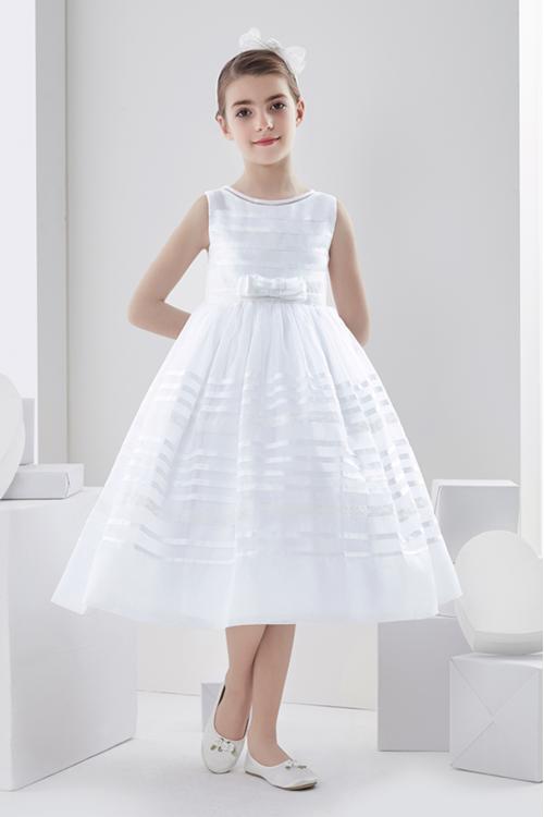 Sleeveless Ball Gown Organza Tea Length First Communion Dress with Bow 