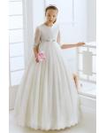 Half Sleeves Lace Detail Long Ball Gown Ivory Tulle Wedding Dress with Bow Ribbon