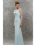 Chic Cowl Neck Lace Appliqued Sheath Cloud Blue Long Chiffon Bridesmaid Dress 