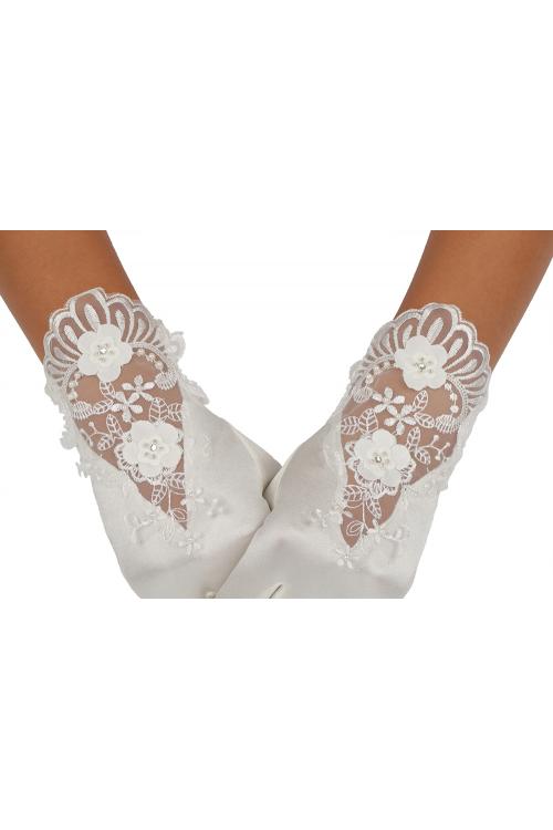 Short Ivory Wedding Gloves With Exquisite Lace Embroider On The Back Of Hand 2BL
