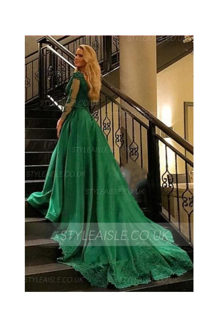 Long Sleeves Lace Appliques Ball Gown Satin Prom Evening Dress 