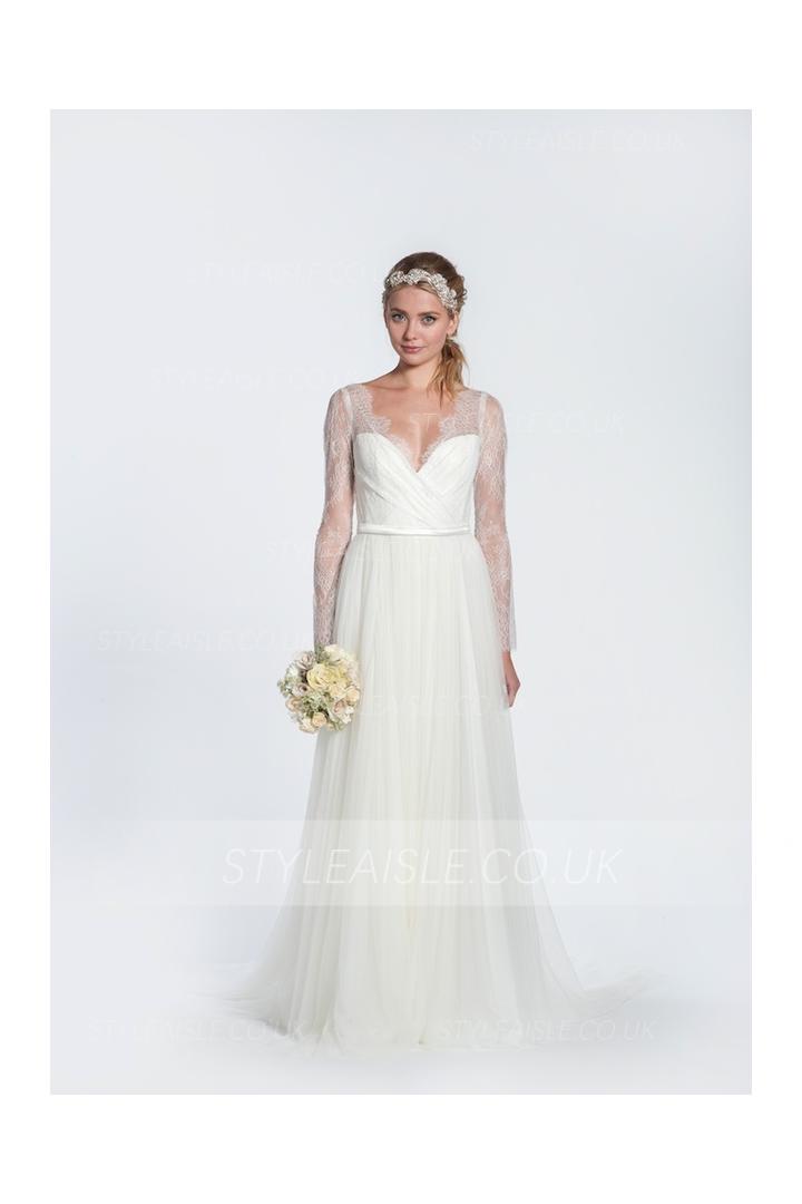 V Neck Long Sleeved Pleated Bodice A-line Tulle Wedding Dress with Ribbon 