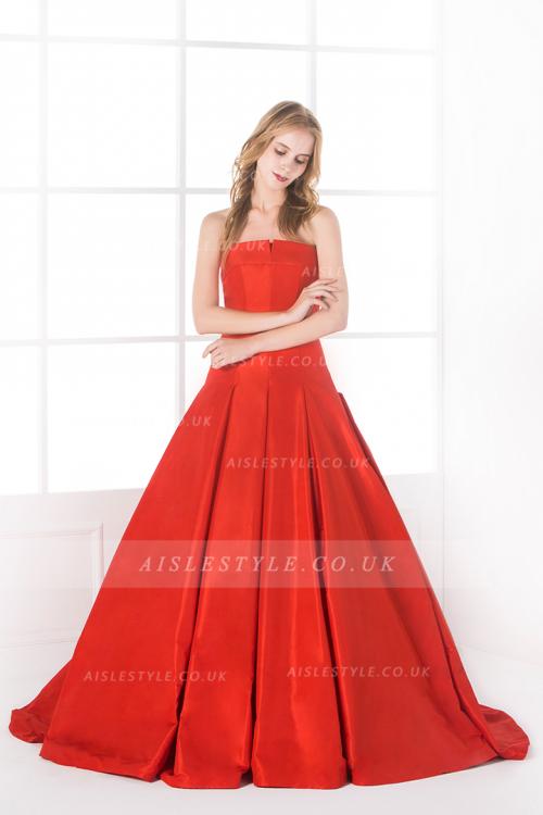 Chic Modern Long Strapless Pleated Orange Taffeta Ball Gown Prom Dress