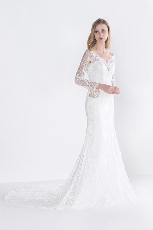 White V Neck A-line Long Sleeve Lace Wedding Dress 