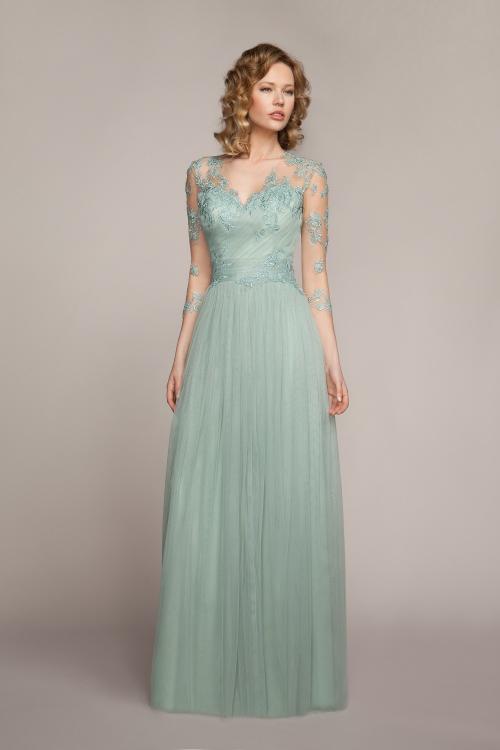 V Neck Illusion 3/4 Sleeves Column Tulle Bridesmaid Dress 