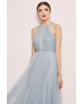  A-line Jewel Neckline Sleeveless Lace Ruching Floor-length Long Tulle Prom Dresses