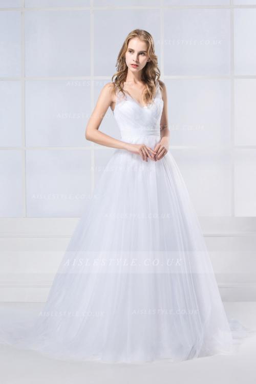 Simple V Neck A-line Long Tulle Wedding Dress 