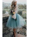 Two-piece Long Sleeve Lace Transparent Top A-line Knee Length Tulle Skirt Bridesmaid Dress 