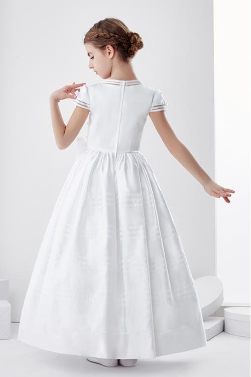  A-line Jewel Neck Short Sleeve Bow(s) Pearl Detailing Floor-length Satin Long Communion Dresses
