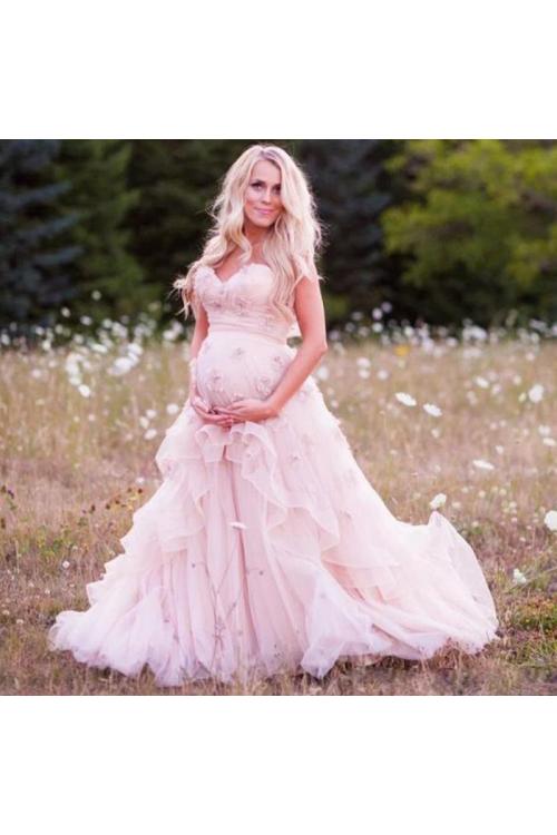 Beautiful Maternity Strapless Pink Floral Lace Organza Wedding Dress 