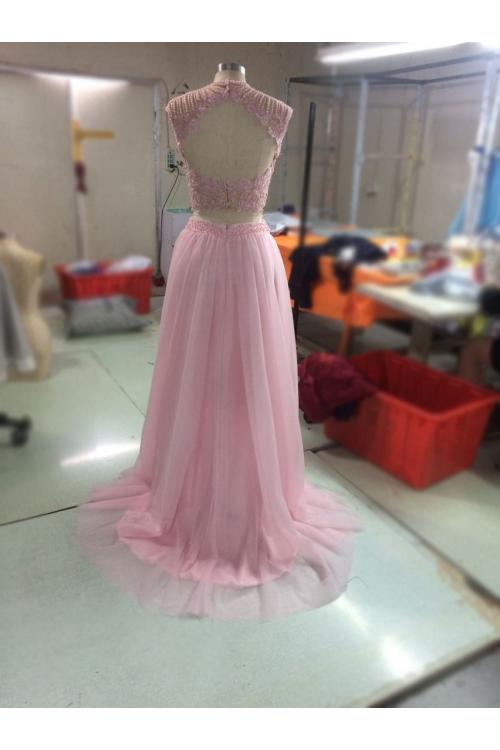 Jewel Neck Cap Sleeve Beading Long A-line Blush Tulle Prom Dress 