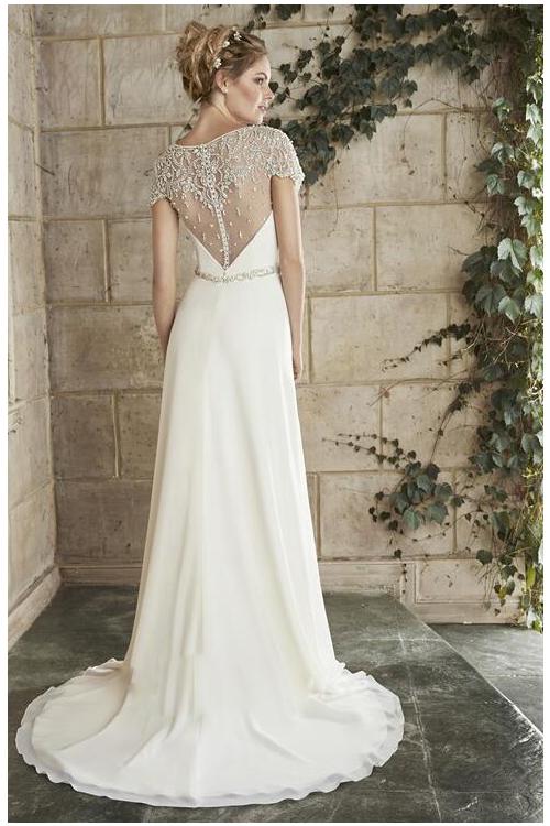 Hot Sale Bateau Neck Lace Top A-line Chiffon Crystal Waist Wedding Dress with Short Sleeves 