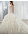 Illusion Bateau Neck Lace Bodice Ball Gown Ruffled Ivory Tulle Blush Top Wedding Dress 