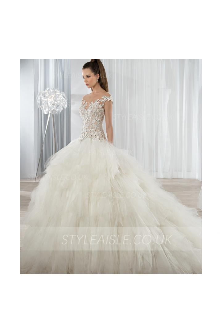 Illusion Bateau Neck Lace Bodice Ball Gown Ruffled Ivory Tulle Blush Top Wedding Dress 