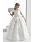 Timeless Pearl Beaded Top Ball Gown Long White Organza Girls Holy Communion Dress Short Sleeves