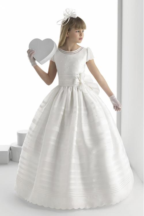 Timeless Pearl Beaded Top Ball Gown Long White Organza Girls Holy Communion Dress Short Sleeves