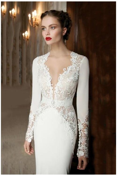 Vintage Lace Long Sleeves Trumpet Long Jersey Wedding Dress with Keyhole Back 