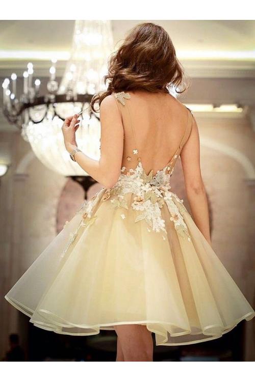 Vintage Floral Lace A-line Knee Length Short Champagne Organza Short Prom Dress