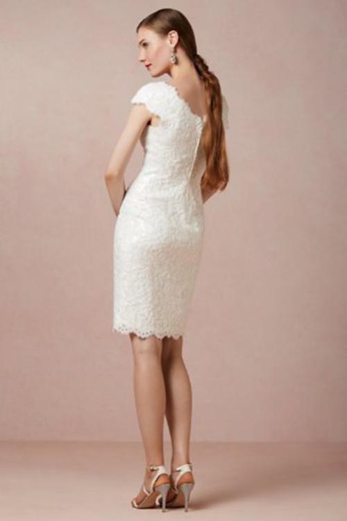  Sheath/Column V-neck Cap Sleeves Short/Mini Ivory Lace Wedding Dresses