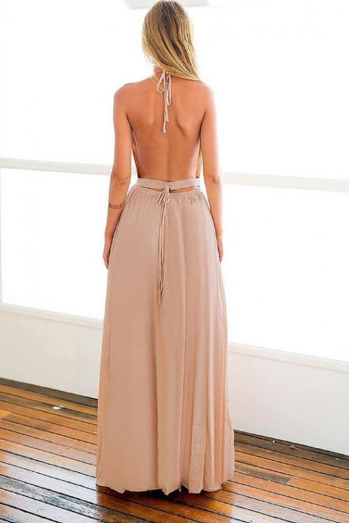Long Halter Neck Sleeveless A-line Backless Bridesmaid Dress with Slit