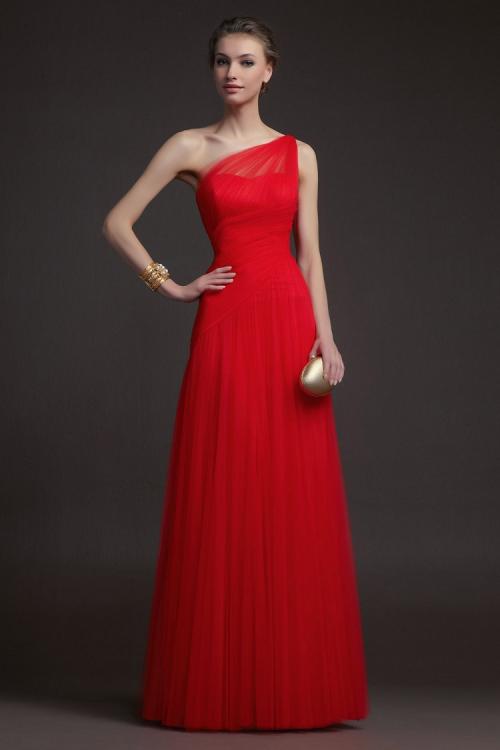 Simple A-line One Shoulder Red Floor-length Tulle Prom Dresses 