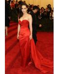 Emilia Clarke Red Strapless Ruched Bodice Long Elegant Satin Met Ball Red Carpet Inspired Prom Dress 
