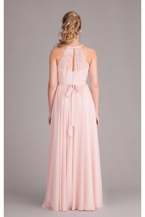 Chic Halter Neck Pleated Long Pearl Pink Chiffon Bridesmaid Dress with Sash 