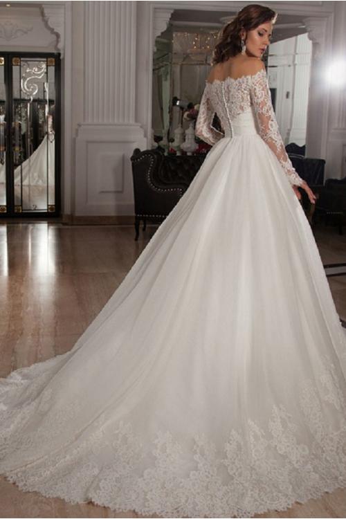 Off Shoulder Long Sleeves A-line Lace overlay Tulle Wedding Dress with Crystal Belt 